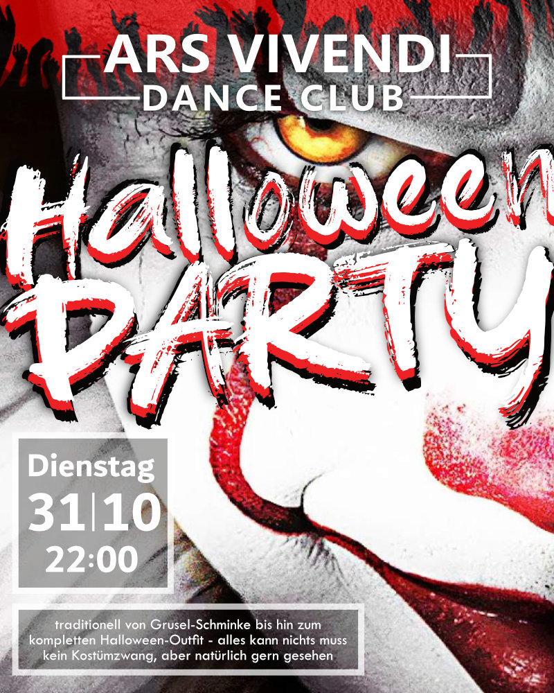 HALLOWEEN-PARTY - Di 31.10.23 - der Partykult im ArsVivendiDanceClub in Ludwigsburg mit original USA-Halloween-Deko zum Kult-Kostüm-Grusel-Feier-Party-Event des Jahres - traditionell von Grusel-Schminke bis hin zum kompletten Halloween-Outfit - alles kann nichts muss  kein Kostümzwang, aber natürlich gern gesehen