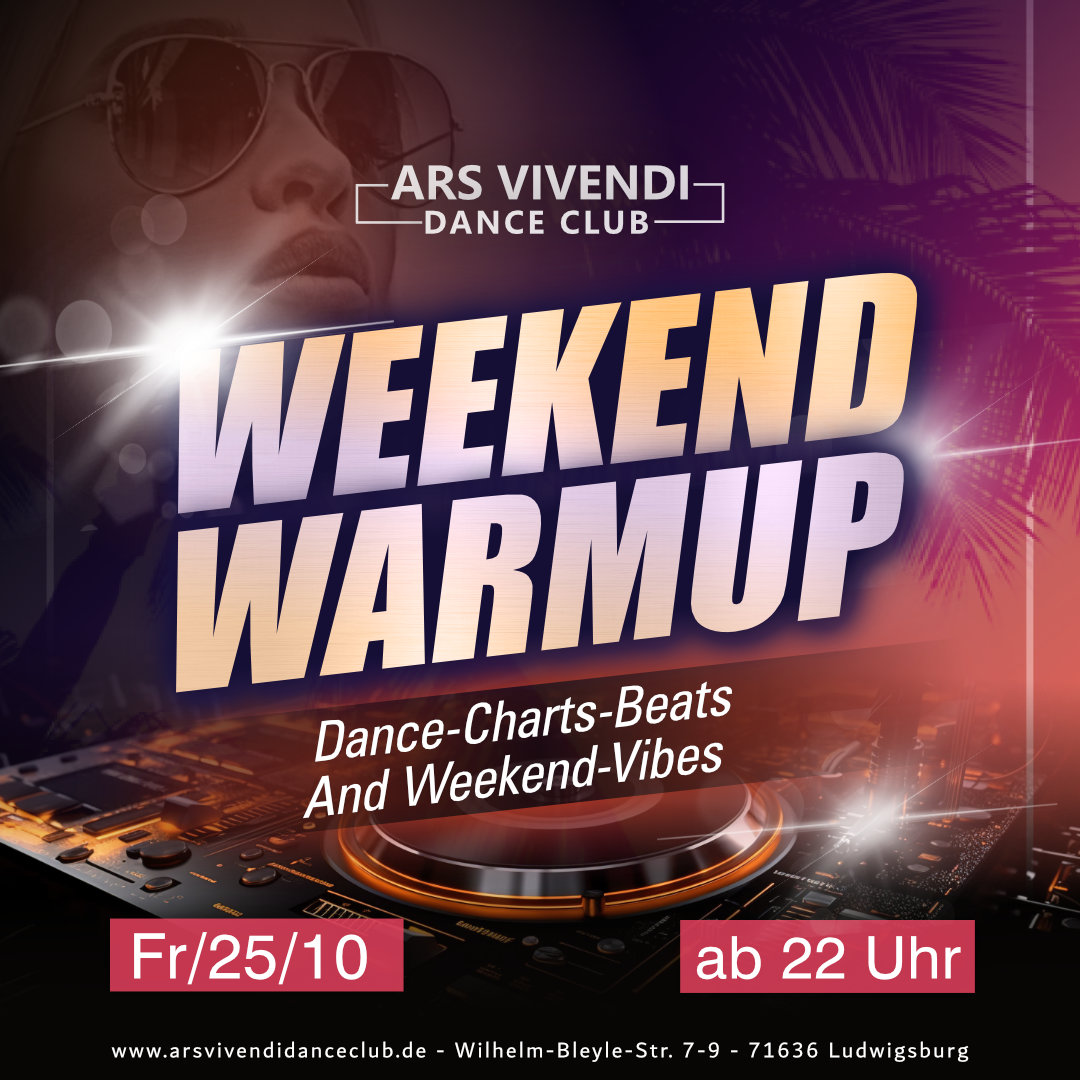 ArsVivendiDanceClub Ludwigsburg Freitag 25.10.24 ab 22 Uhr Weekend Warmup Always Dancefloor-Beats am Freitag beim Weekend Warmup 💃#arsvivendidanceclub #ludwigsburg #MixedMusic #dancecharts #fridaynightparty #weekendwarmup #livedj