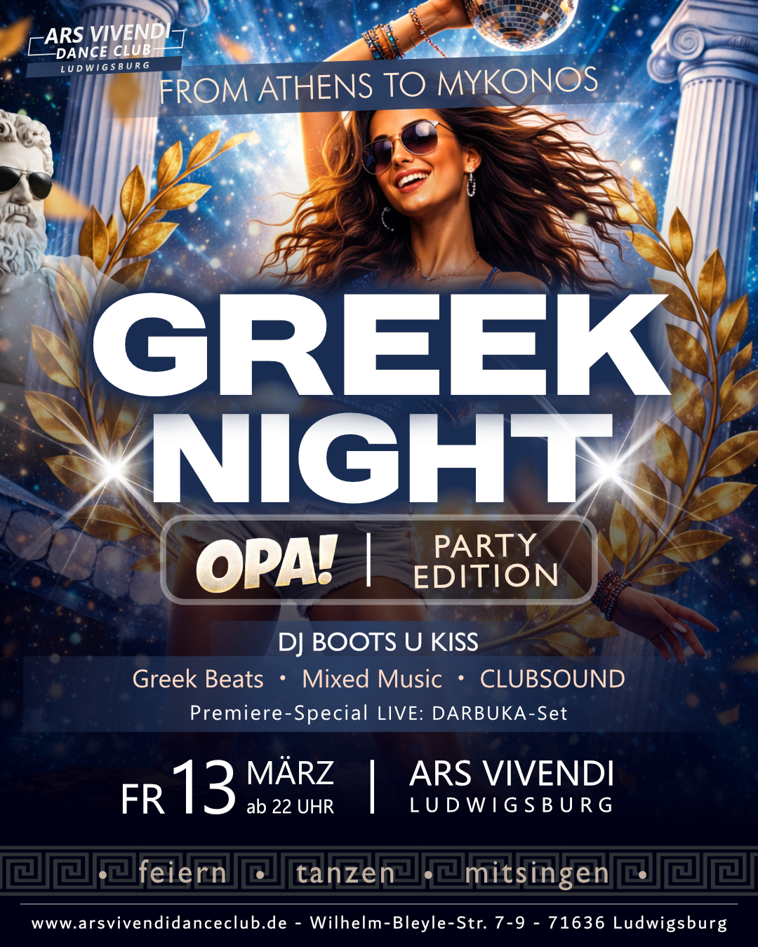 ✨ GREEK NIGHT -  Freitag, 13.03.26 ab 22 Uhr , Premiere-Special: LIVE Darbuka-Show 💃 Clubsounds mit DJ BOOTS U KISS 💙 Greek Beats & Mixed Music, 📍 Ars Vivendi Dance Club, Ludwigsburg